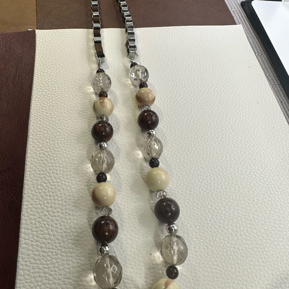 Ribbon threaded through silver cubicle chain with brown, beige and crystal beads - Picture 6 of 12